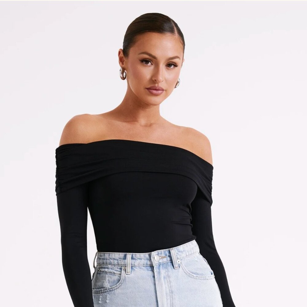 Like New Meshki Lucinda Recycled Nylon Off Shoulder Top - Black Size 10